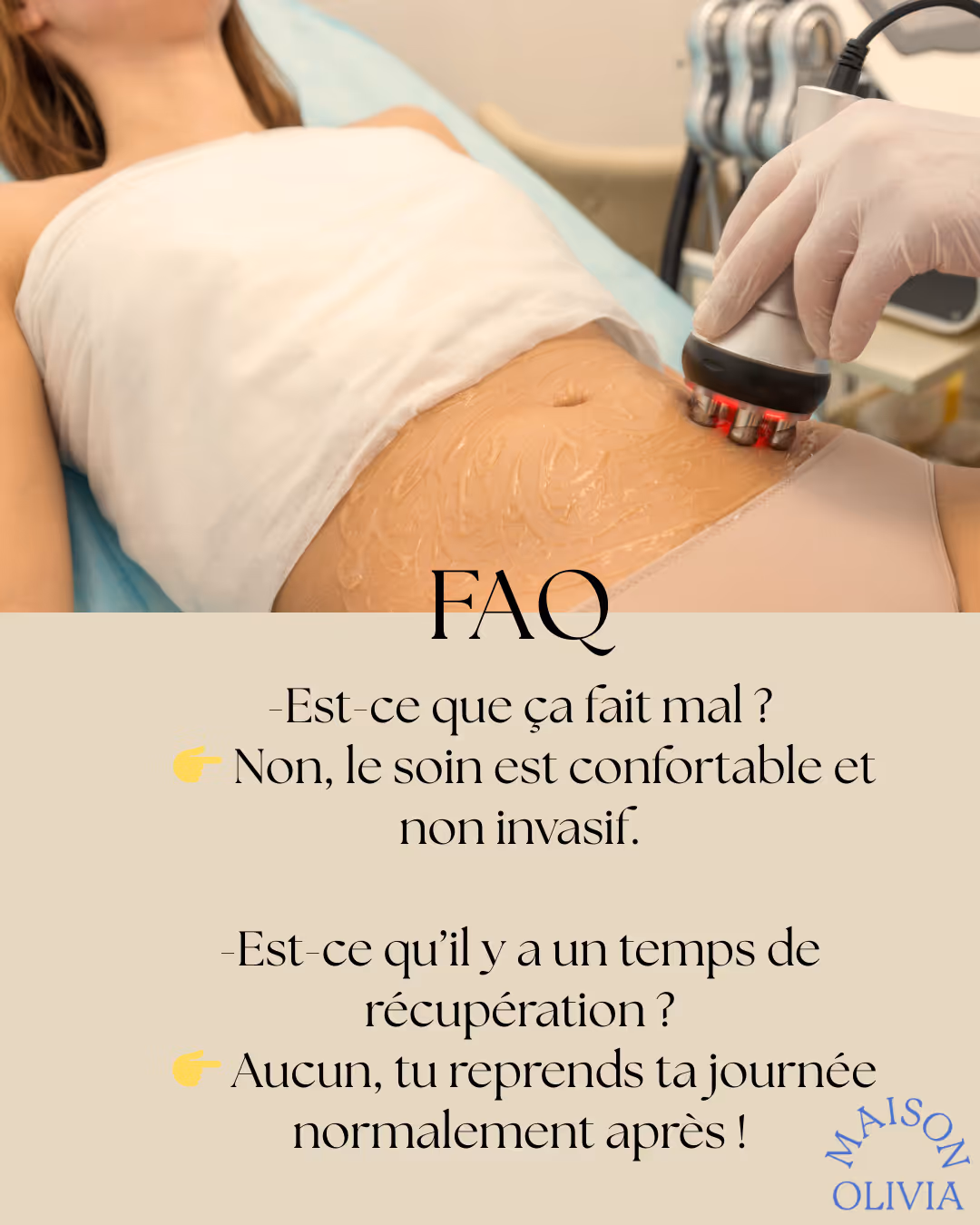 Une femme allongée recevant un traitement esthétique non invasif sur l'abdomen avec un appareil médical.