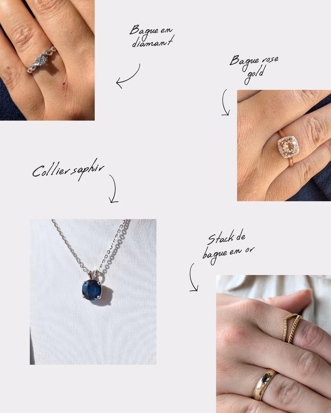 Quatre images de bijoux avec annotations: bague en diamant sur un doigt, bague en or rose avec pierre carrée sur un doigt, collier avec pendentif saphir bleu sur chaîne argentée, et empilement de bagues en or sur des doigts.