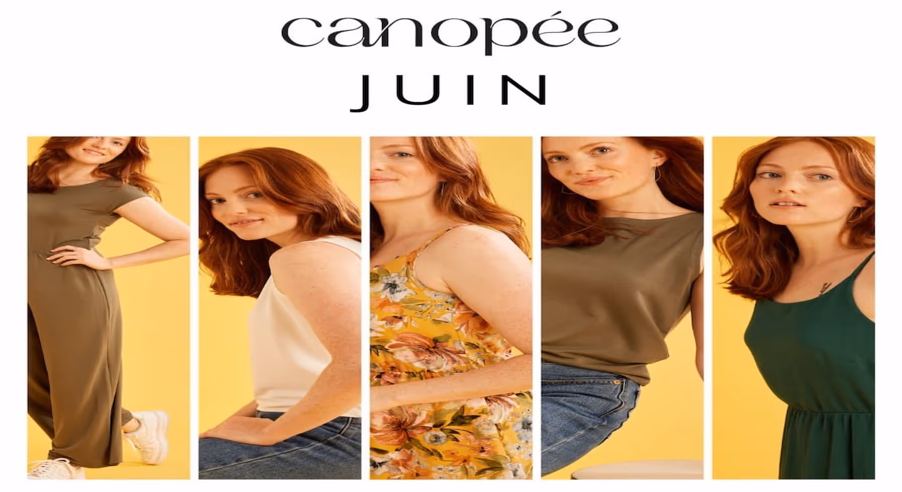 Une femme rousse posant avec cinq tenues différentes pour une collection de juin de canopée sur fond jaune.