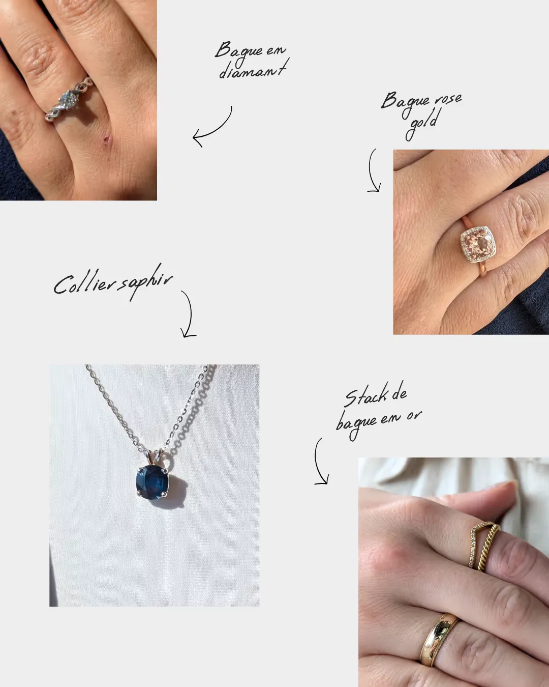 Quatre images de bijoux avec annotations: bague en diamant sur un doigt, bague en or rose avec pierre carrée sur un doigt, collier avec pendentif saphir bleu sur chaîne argentée, et empilement de bagues en or sur des doigts.