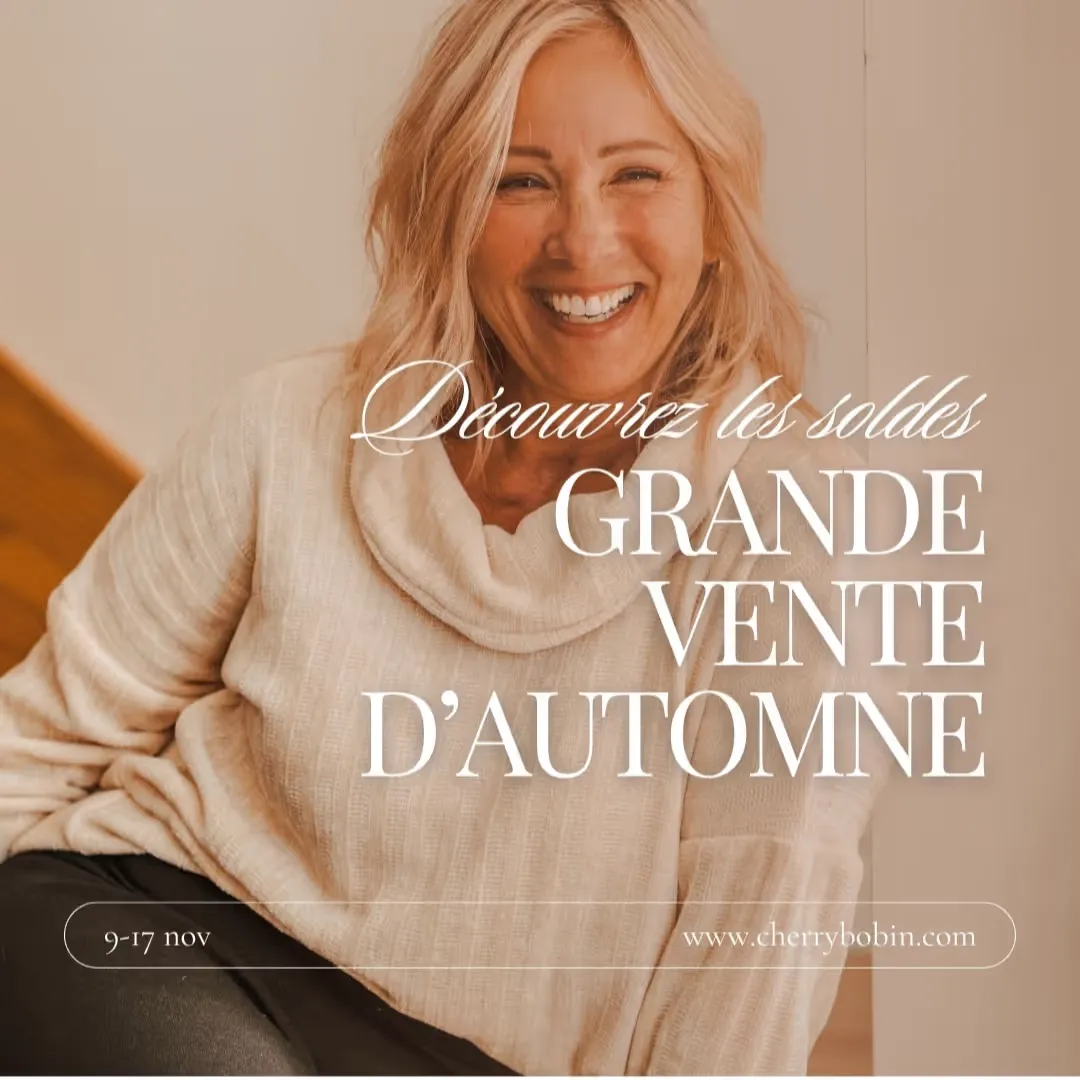 Femme souriante aux cheveux blonds portant un chandail à col roulé beige, avec texte annonçant une grande vente d'automne du 9 au 17 novembre.