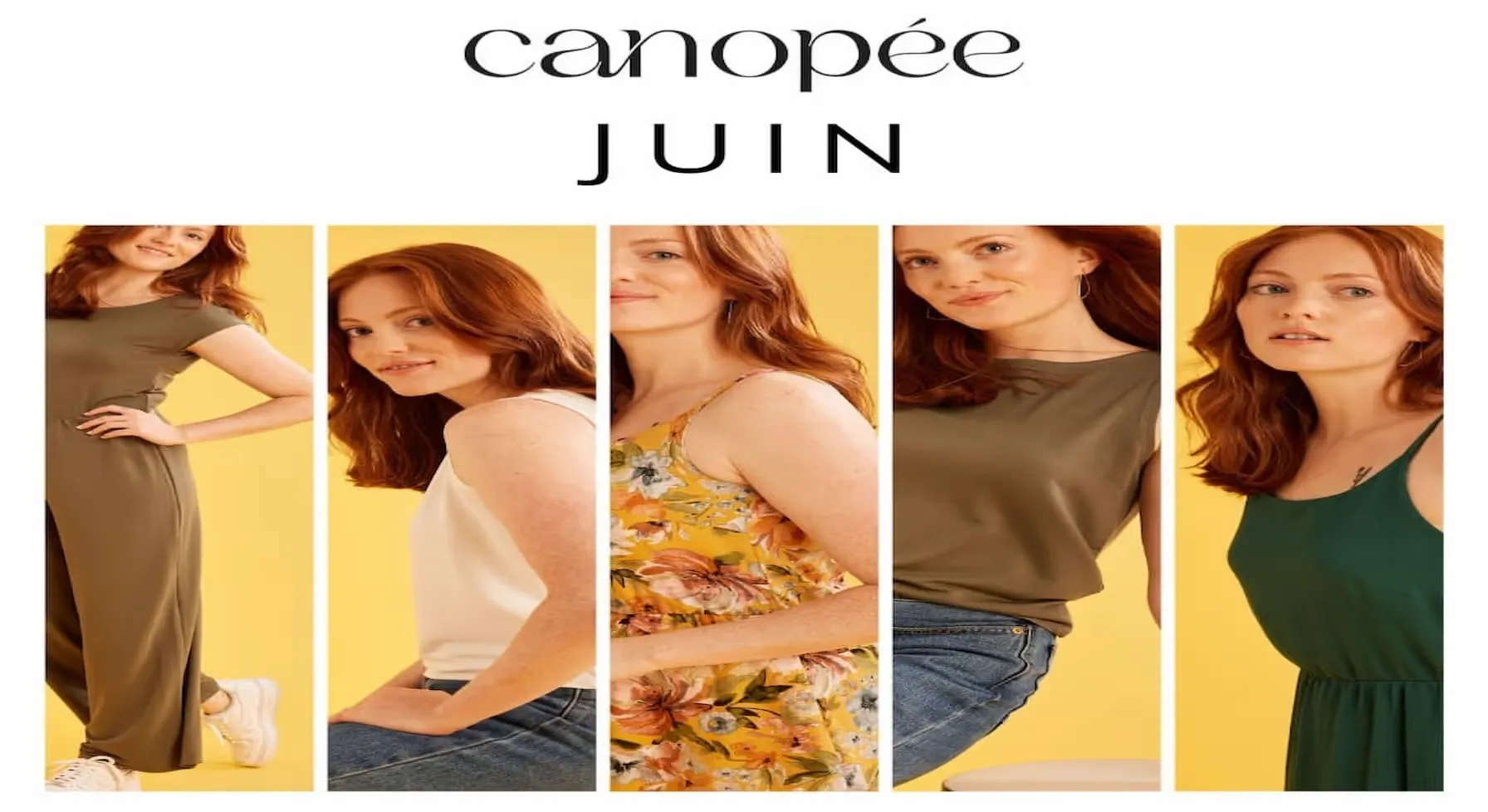 Une femme rousse posant avec cinq tenues différentes pour une collection de juin de canopée sur fond jaune.