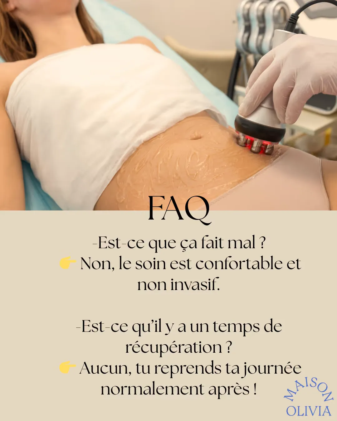Une femme allongée recevant un traitement esthétique non invasif sur l'abdomen avec un appareil médical.
