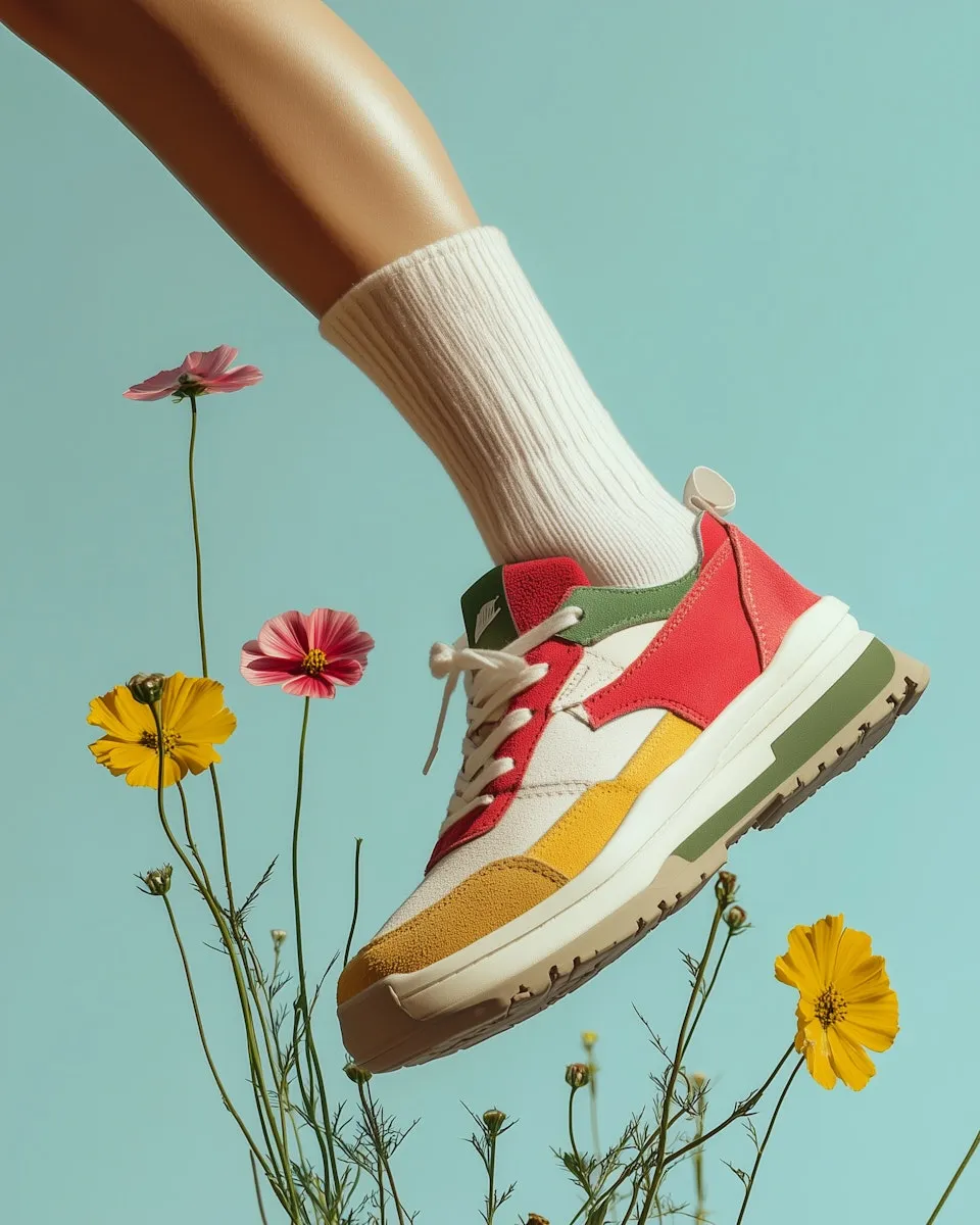 Pieds d'une femme portant des espadrilles colorées avec des fleurs.